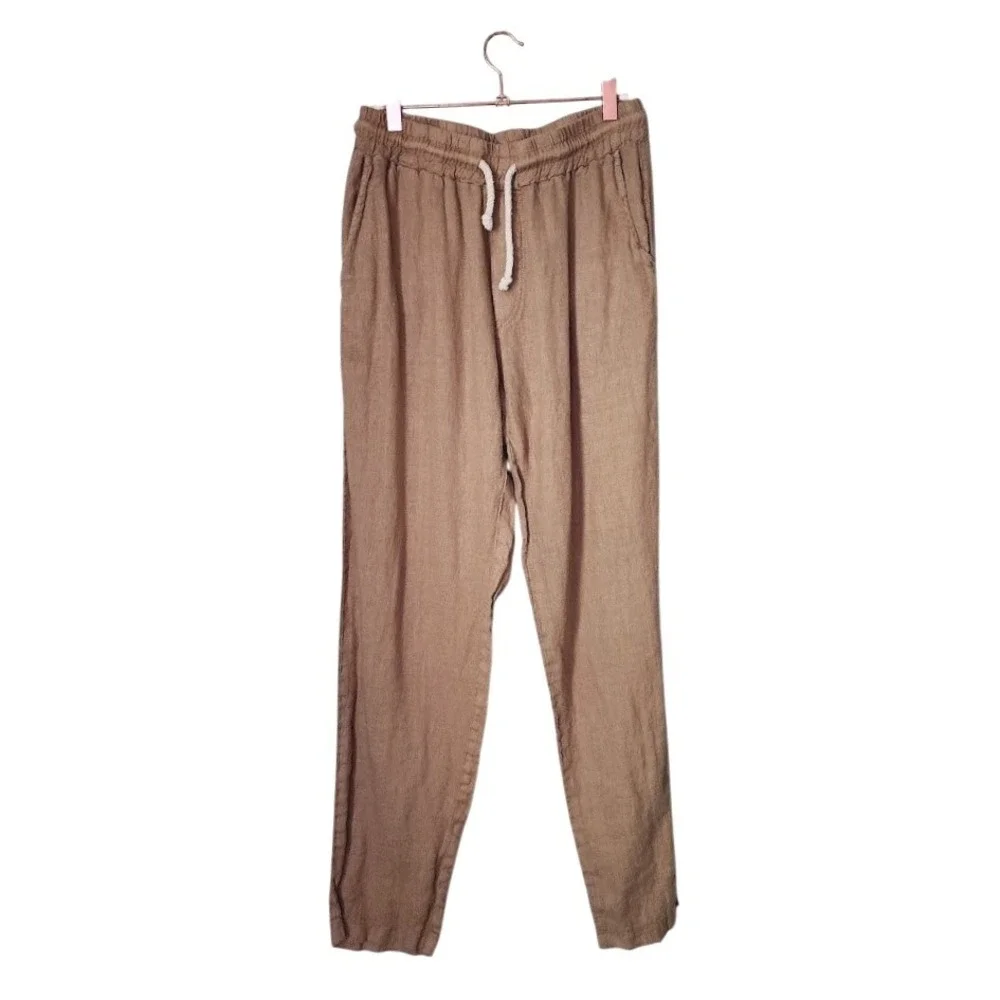 POLONIO 100% Linen Drawstring loungewear Pants Brown resortwear Made In Italy M